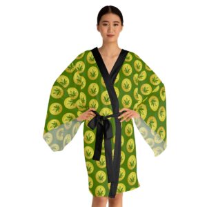 Kimono style robe with Stellar Cannacoin logo and black trim and belt